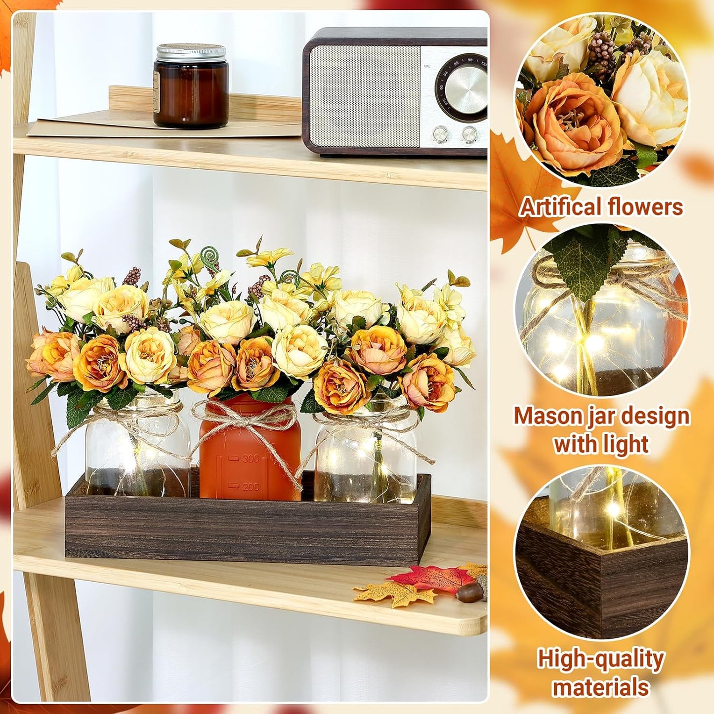 Mason Jar Lights Centerpiece Table Decorations Fall Decor for Home – 3 Jar Flowers with String Lights and Wooden Tray for Dining Room, Farmhouse Autumn Wedding, Kitchen, Living Room, Bathroom