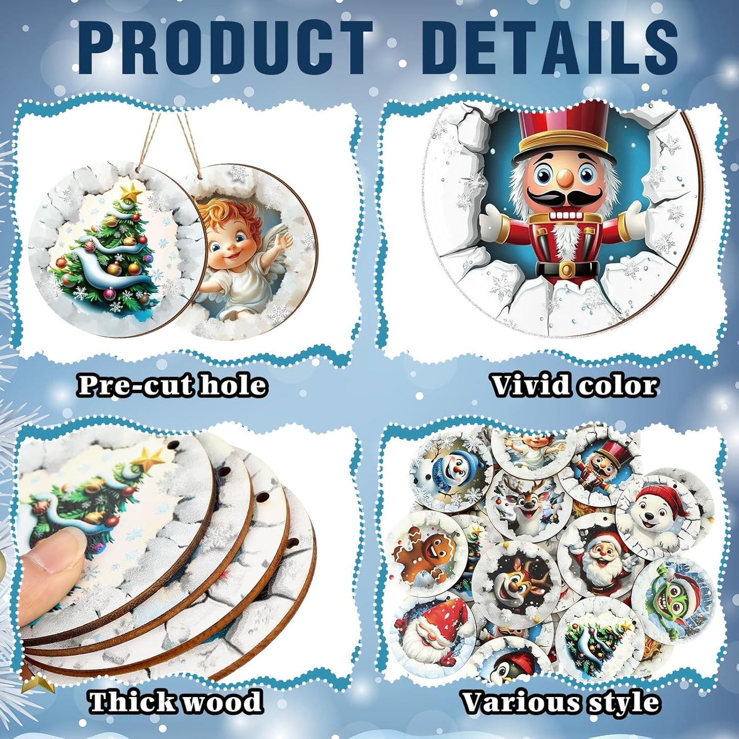 Suzile 36 Pcs Christmas Wooden Ornaments Christmas 3D Break Through Ornament Xmas Cute Animal Decorations for Tree Wreaths Xmas Hanging Wood Cutouts Decor for Home Winter Party