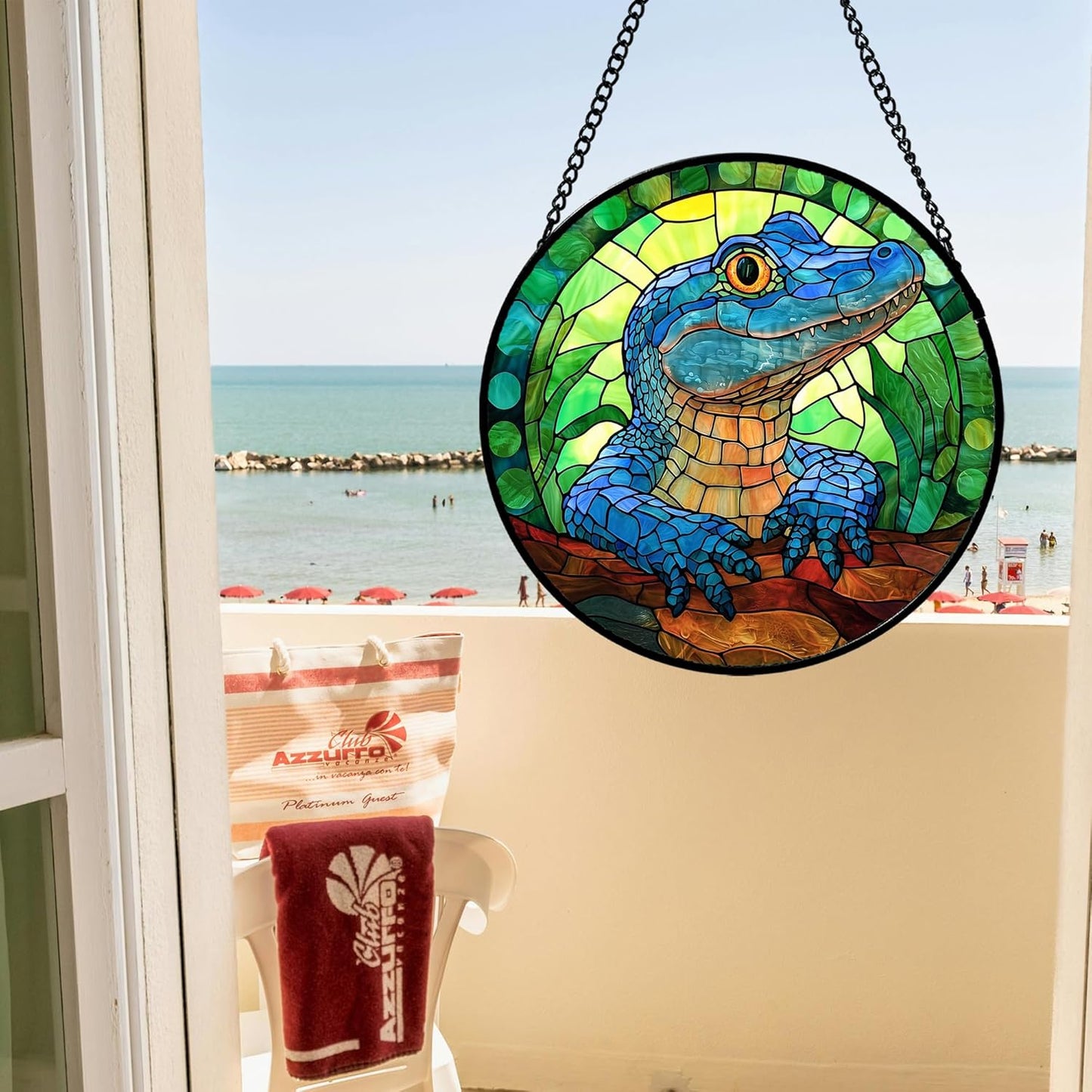 Stained Glass Window Hanging, Blue Alligator Sun Catcher for Window Door Home Decor Green Brown Suncatcher Christmas Mother's Day Birthday Gifts for Women Men Mom and Nana 9.8 in