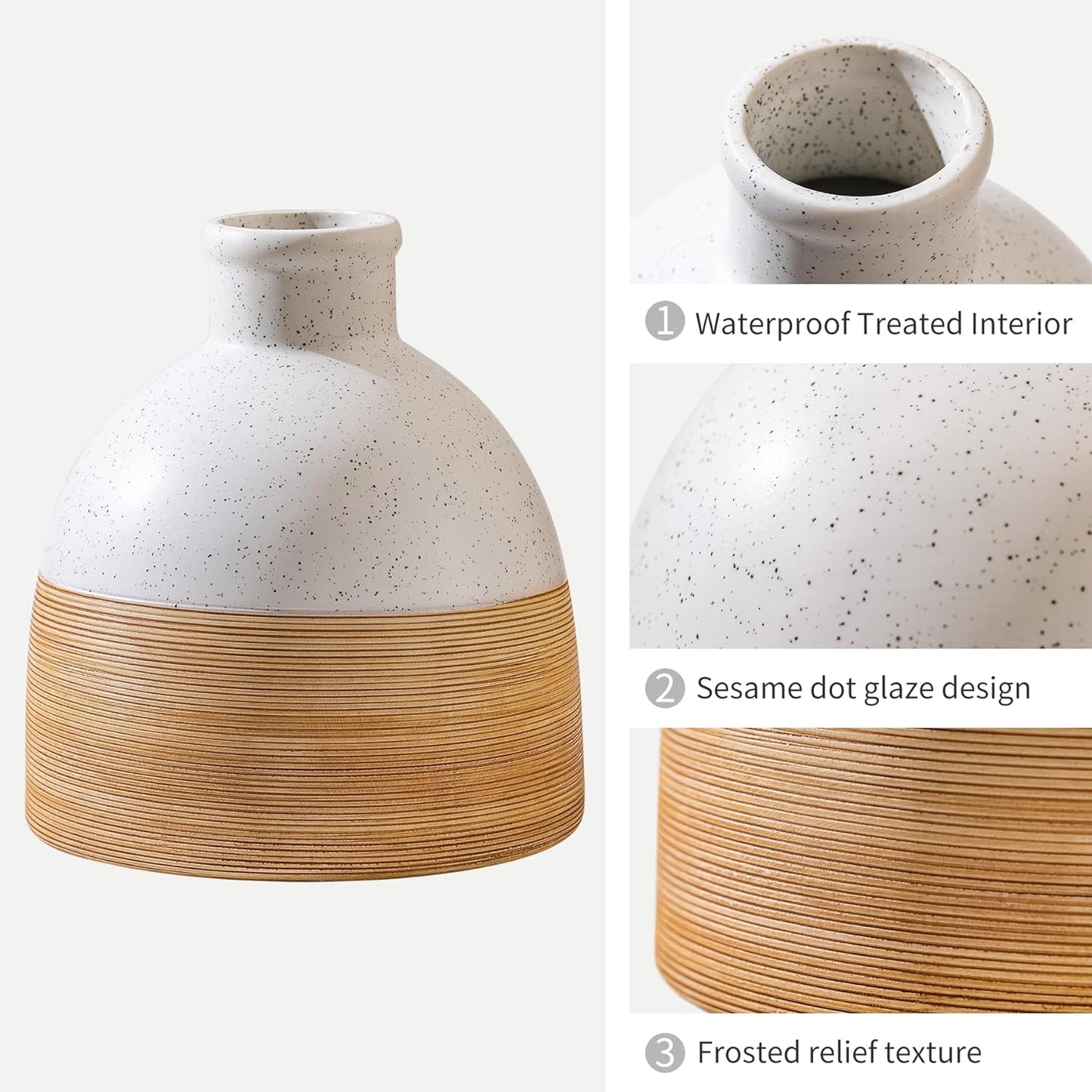 Rustic Farmhouse Flower Round Ceramic Striped Vase, Brown and White Modern Decorative Ceramic Flower Vase for Home Cottage Core Decor, Table, Living Room, Bookshelf Decor, Mantel, Wedding 6.5 Inch