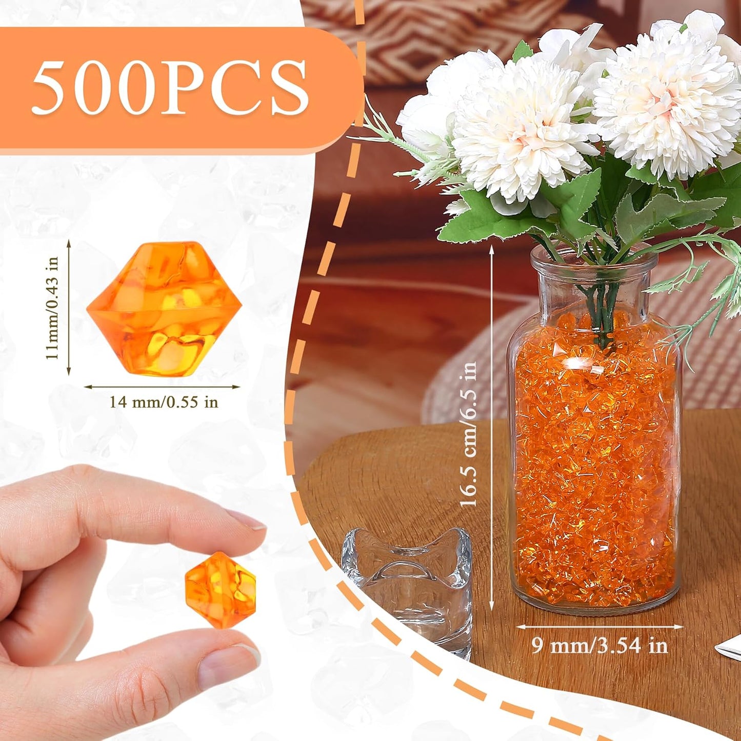 LAIDANLA 500PCS Orange Acrylic Gems Vase Fillers Plastic Diamonds Orange Fake Ice Cubes Fake Crushed Rocks for Centerpiece DIY Party Table Scatter Prop Wedding Decoration Accessories