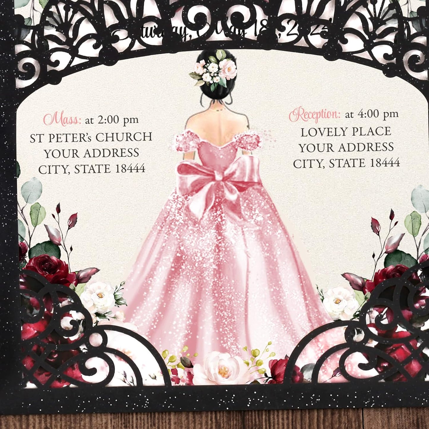 50Pcs Pink Crown Invitations for Quinceanera, 15 year, Sweet 16, Miss XV, Birthday Laser Cut Quince Invitation Cards Personalized Pearlized Black