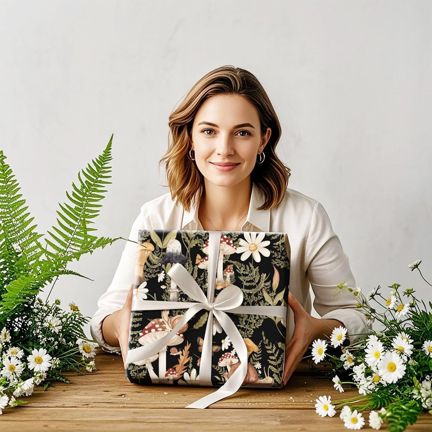 RUSPEPA Forest Mushroom Wrapping Paper Roll, Mini Roll, Woodland Squirrel and Snail Design, Black Nature Gift Wrap for Fall, Birthday, Thanksgiving Party, 17 Inches x 16.4 Feet