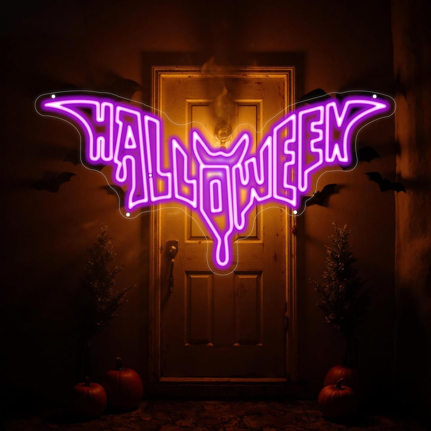 Halloween Bat Shaped Neon Sign Spooky Red LED Wall Decor For Haunted House Party Gothic Bar Room Glowing Halloween Decoration Outdoor Use Bedroom Home Decor Bar LED Decoration Light-Purple