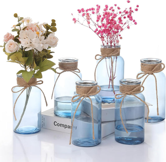 Blue Glass Flower Vases for Centerpieces Set of 6, Mason Jars Boho Cylinder Bud Vases in Bulk, for Weddings Parties Vintage Home Decor