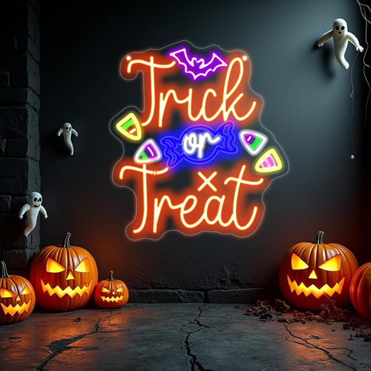 Trick or Treat Neon Sign, Halloween Decorations, Night Light for Yard Garden Party Event Decor, Halloween Hanging Neon Sign for Home Bar Salon Coffee Stores Window Porch Front Door Halloween Decoration