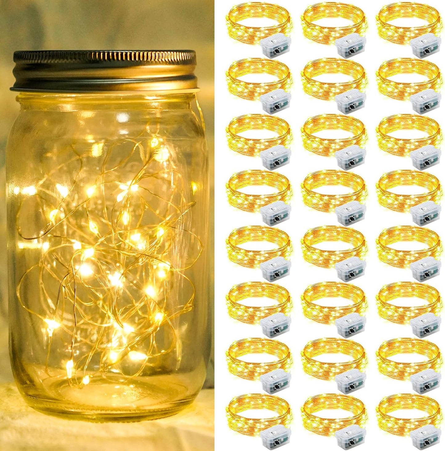 24 Pack Fairy Lights 7Ft 20 LED Twinkle String Lights 3 Modes Battery Operated Waterproof Firefly Starry for Mason Jar Party Wedding Christmas Valentines Day Table Centerpieces,Warm White
