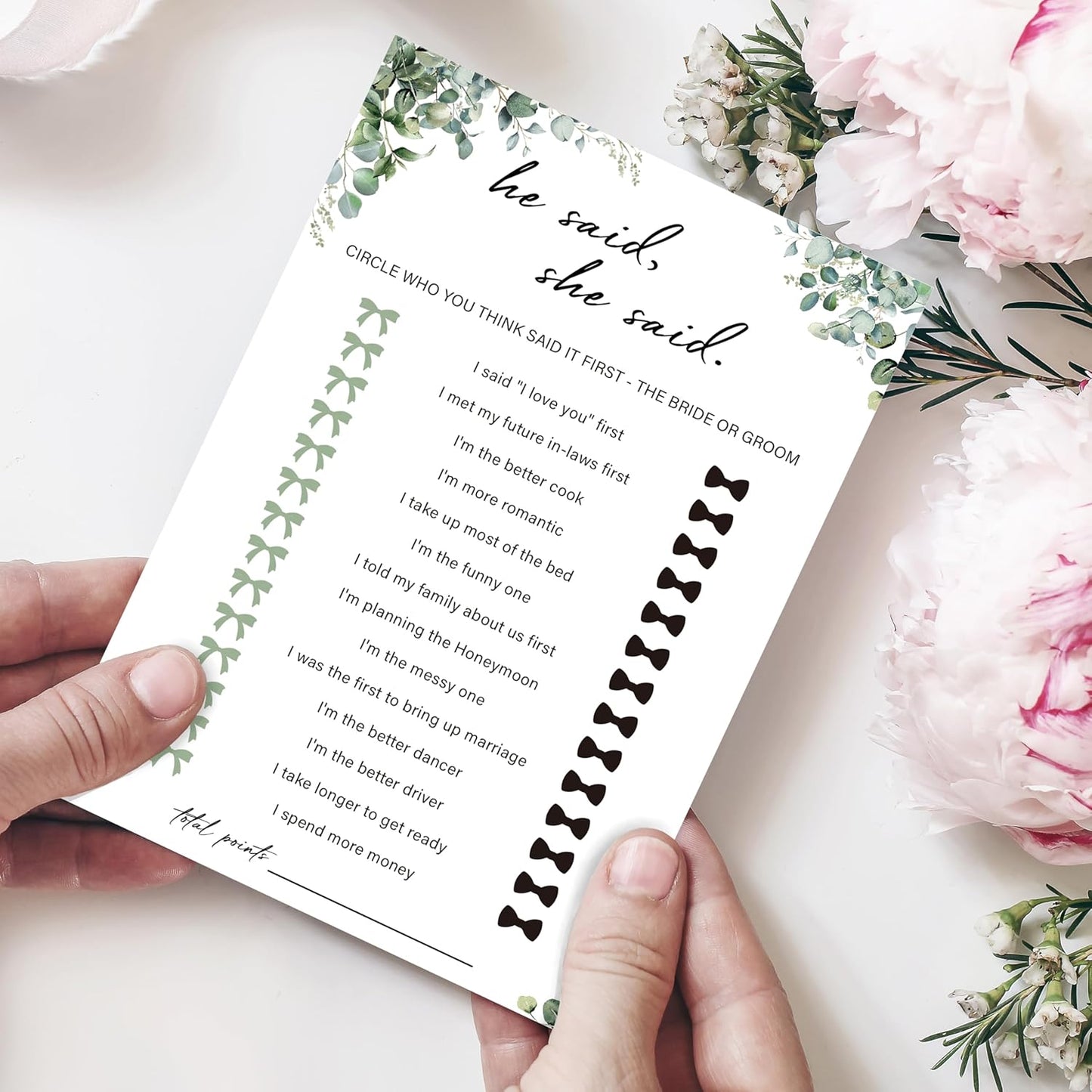 Eucalyptus Bridal Shower Game Cards - He Said She Said, Wedding Engagement Bachelorette Party Bridal Shower Games for 30 Guests, Double Sided Cards Set of 30, Activity Supplies & Favor/A01