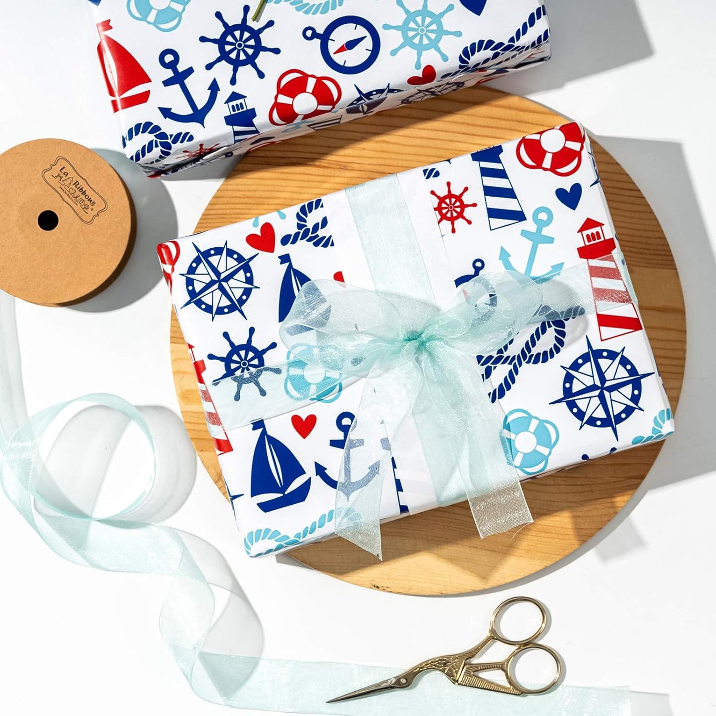 WRAPAHOLIC Nautical Anchors Wrapping Paper Roll - 17 Inch x 33 Feet - Nautical Element Anchor Design Perfect for Birthday, Nautical Beach Decoration, Baby Shower