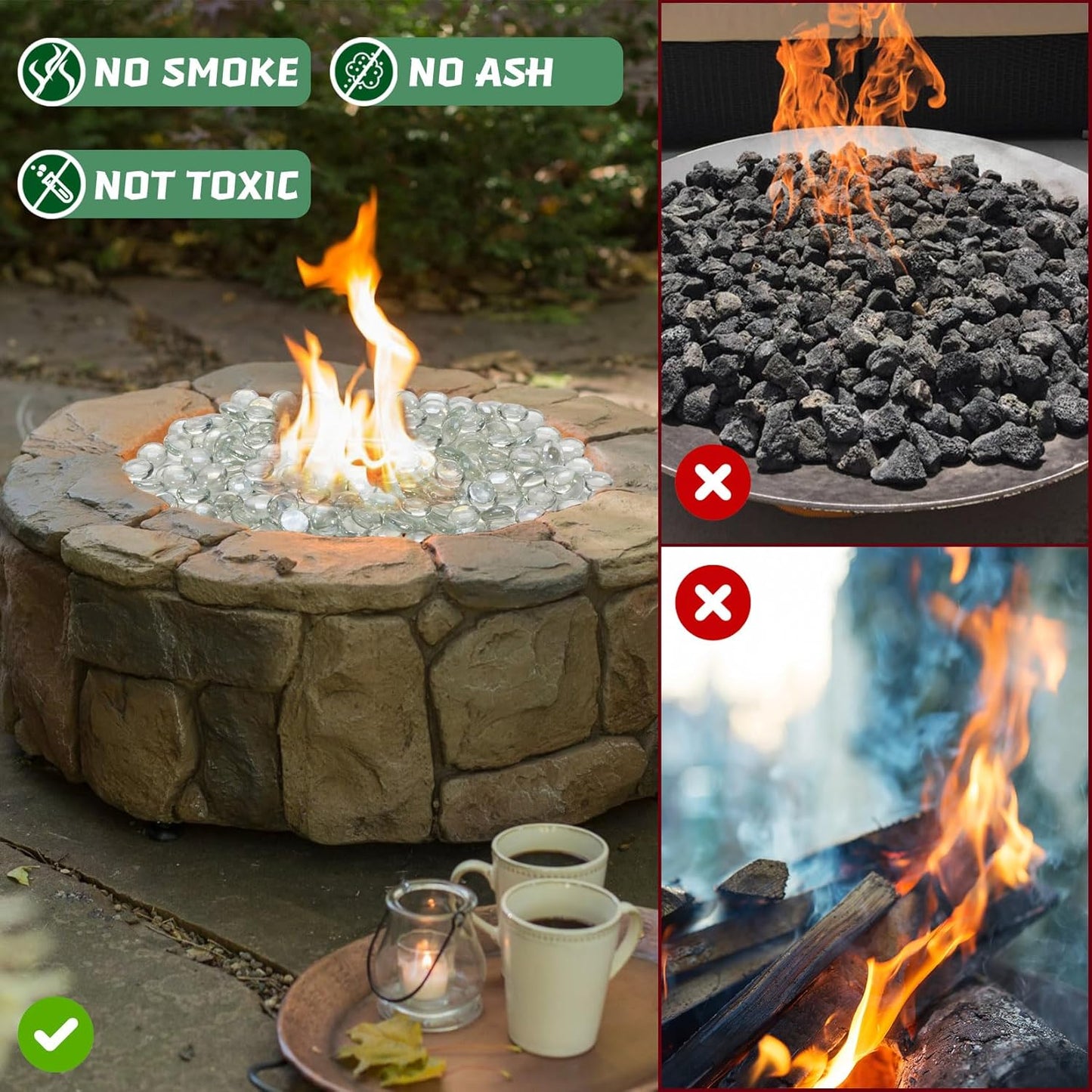 20 Pounds Firepit Glass, 3/4 Inch Glass Beads, Rocks for Fire Pit Table, Fireplace and Fire Bowl, Crystal Luster Firepit Rocks