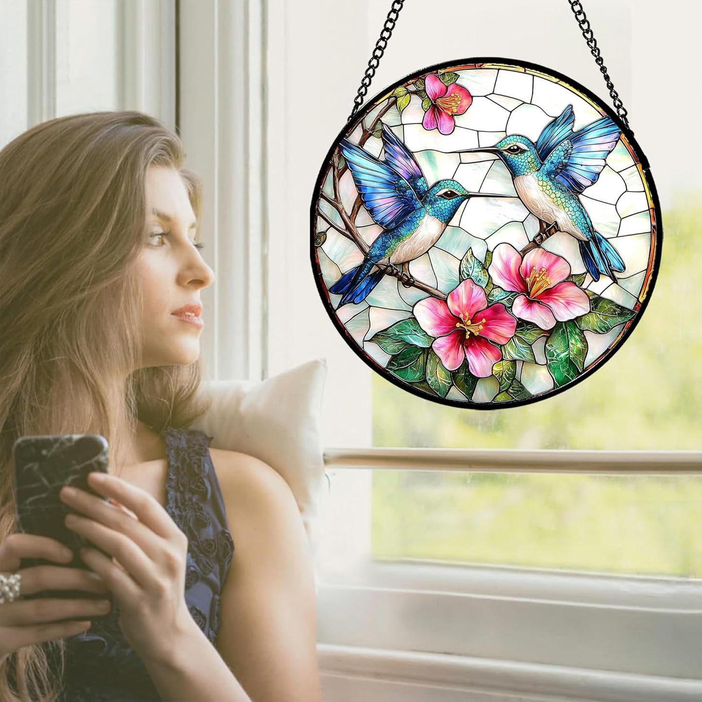 Stained Glass Window Hanging - Blue White Hummingbirds Pink Flowers Suncatcher for Door Terrace Garden Home Decor Bird Sun Catcher Birthday Gifts for Lovers Women Men Dad Mom Nana 7.8 in