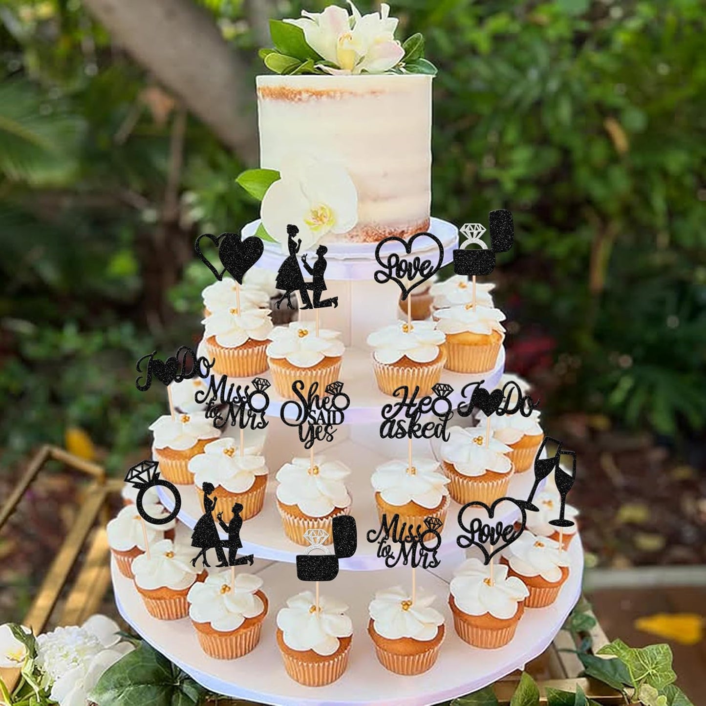 30 PCS He Asked She Said Yes Cupcake Toppers Glitter Engagement Cupcake Toppers Miss to Mrs I Do Love Heart Ring Miss to Mrs Cupcake Picks for Wedding Engagement Party Cake Decorations Supplies Black