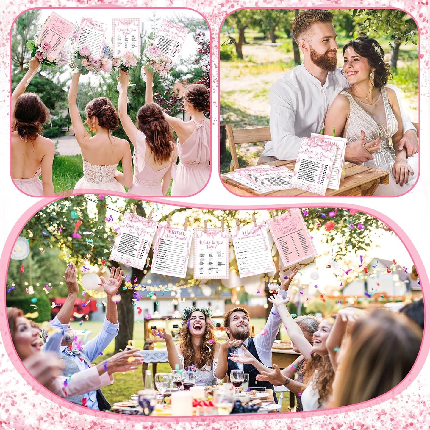 Teling 145 Pieces Bridal Shower Game Bridal Shower Favors Set Wedding Games Cards and Pencils for Bride Groom Bachelorette Party Wedding Party Favor (Pink Bow Style)