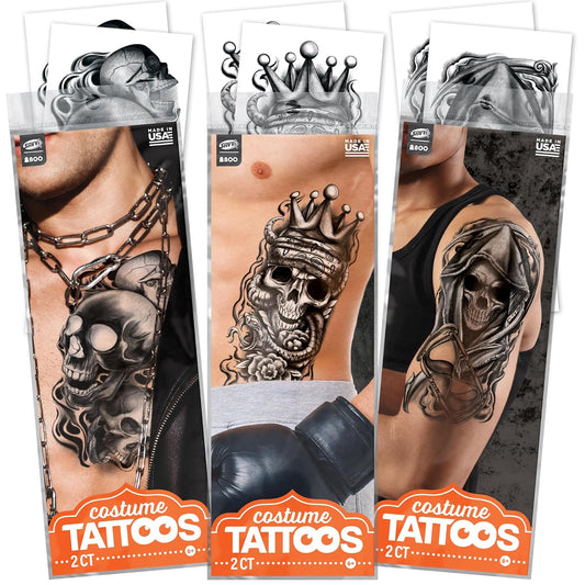 Skull Temporary Tattoo Sleeves – Realistic Full Arm Fake Tattoos for Men & Women, Slip-On Sleeve Style, Reusable Halloween Costume Accessory or Cosplay Prop