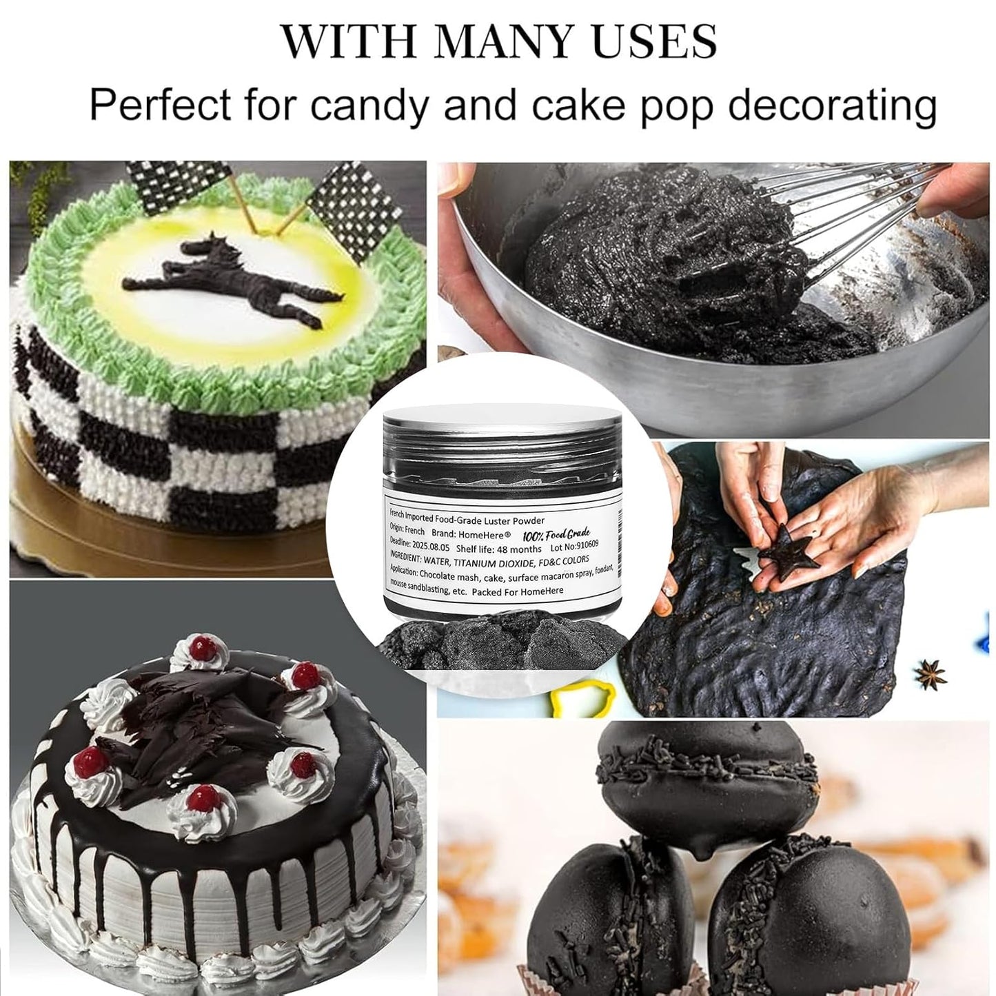 HomeHere Edible Luster Dust Food-Grade Glimmer Powder Glitter for Cake Decorating 7g, Edible Sprinkle Glitter for Cocktails Drinks Baking Candy Dessert Chocolate Vegan Tasteless, Black