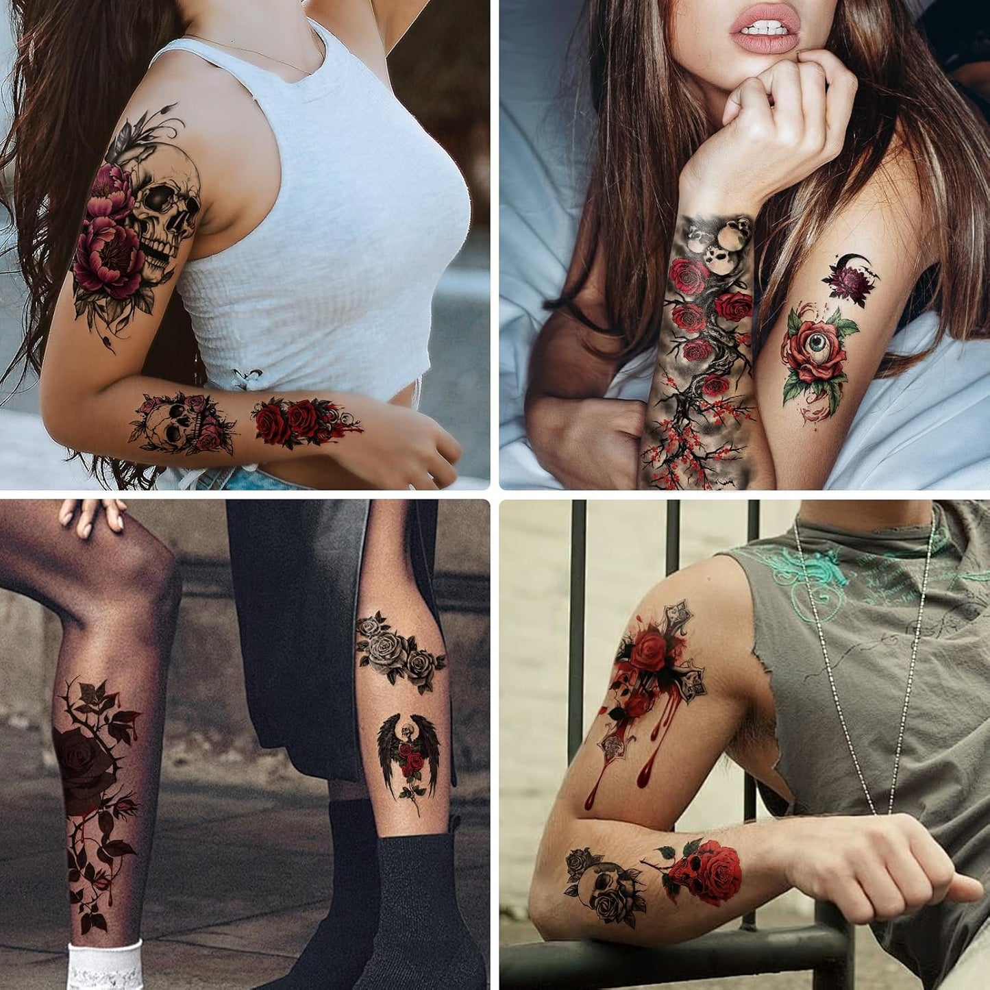 77 Sheets Skull Flower Realistic Temporary Tattoos For Women Men Adult, Large Rose Bones & Flowers Floral Fake Tattoos Girl, Skeleton and Spooky Halloween Temp Tatoo Sticker Thigh Back Leg Body Art
