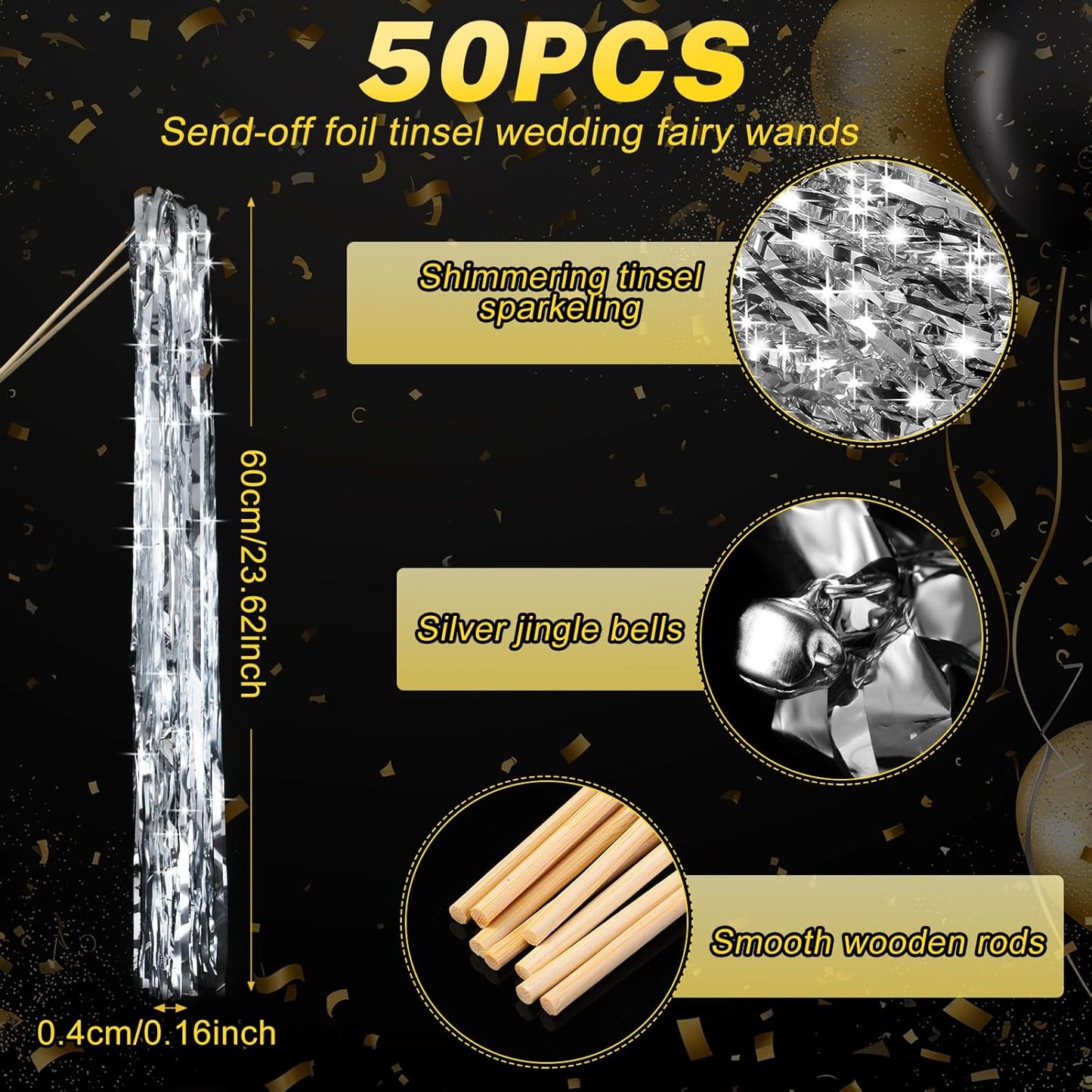 50 Pcs Wedding Fairy Wands with Bells Foil Tinsel Ribbon Stick Wands Tinsel Party Streamers with Bell Glittery Bridal Wedding Send Off Ideas Holiday Celebration (Silver)