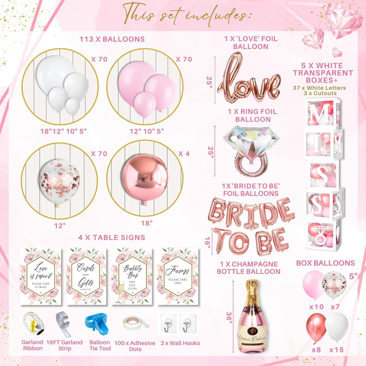 188 pc Pink Bridal Shower Decorations - Includes Balloon Arch & Boxes with A-Z Letters & More - Bachelorette Party Decorations and Wedding Shower