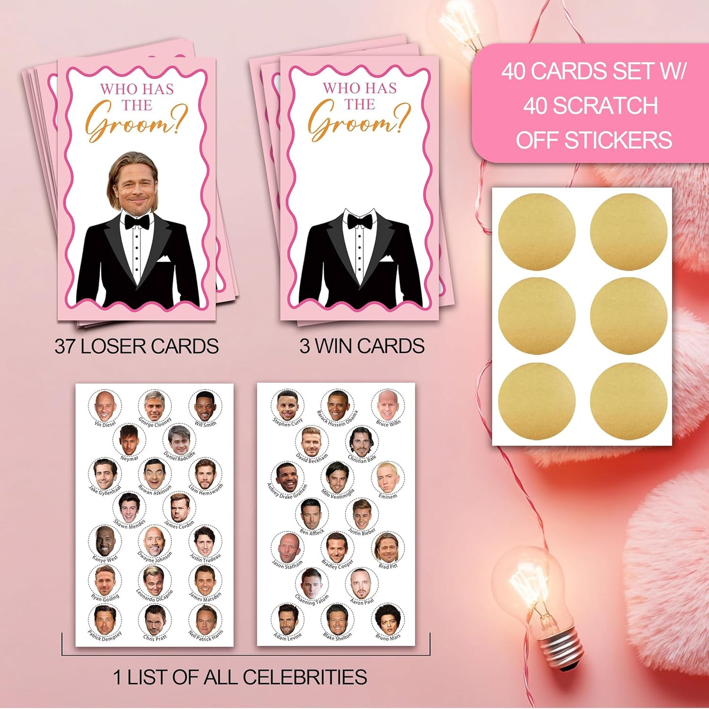 Who Has The Groom Bridal Shower Game Cards, 41Pcs Pink Wedding Shower Scratch Off Games, 3.5"x 2.1" Funny Bachelorette Party Favor Decor, Engagement Party Ideas Activities-A06
