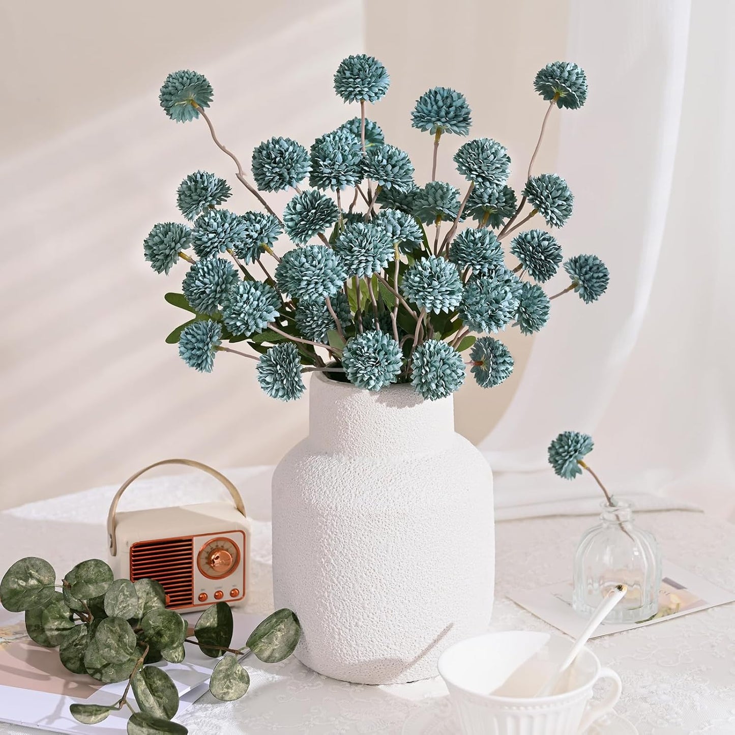 Waipfaru 10pcs Fake Silk Pompon Mum Artificial Flowers, Bulk Faux Mini Chrysanthemums with 2pcs Eucalyptus Stems, for Centerpieces Wedding Fillers Champagne Arrangements Shower Decorations, Blue