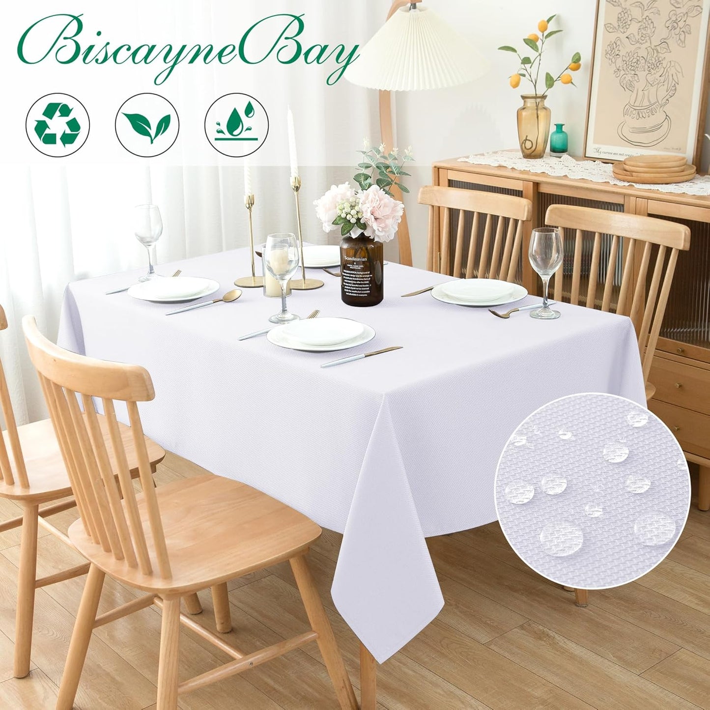 Biscaynebay Textured Fabric Tablecloths 70x120 Inches Rectangular, White Water Resistant Tablecloths for Dining, Kitchen, Wedding and Parties etc. Machine Washable
