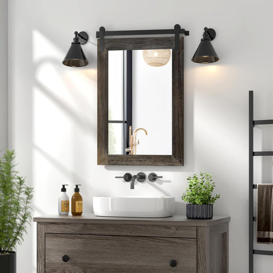 COGOOD Farmhouse Barn Door Mirror - 21" x 30" Rustic Wood Framed Wall Mirror for Bathroom, Living Room, Entryway Wall Decor (Speckled White)