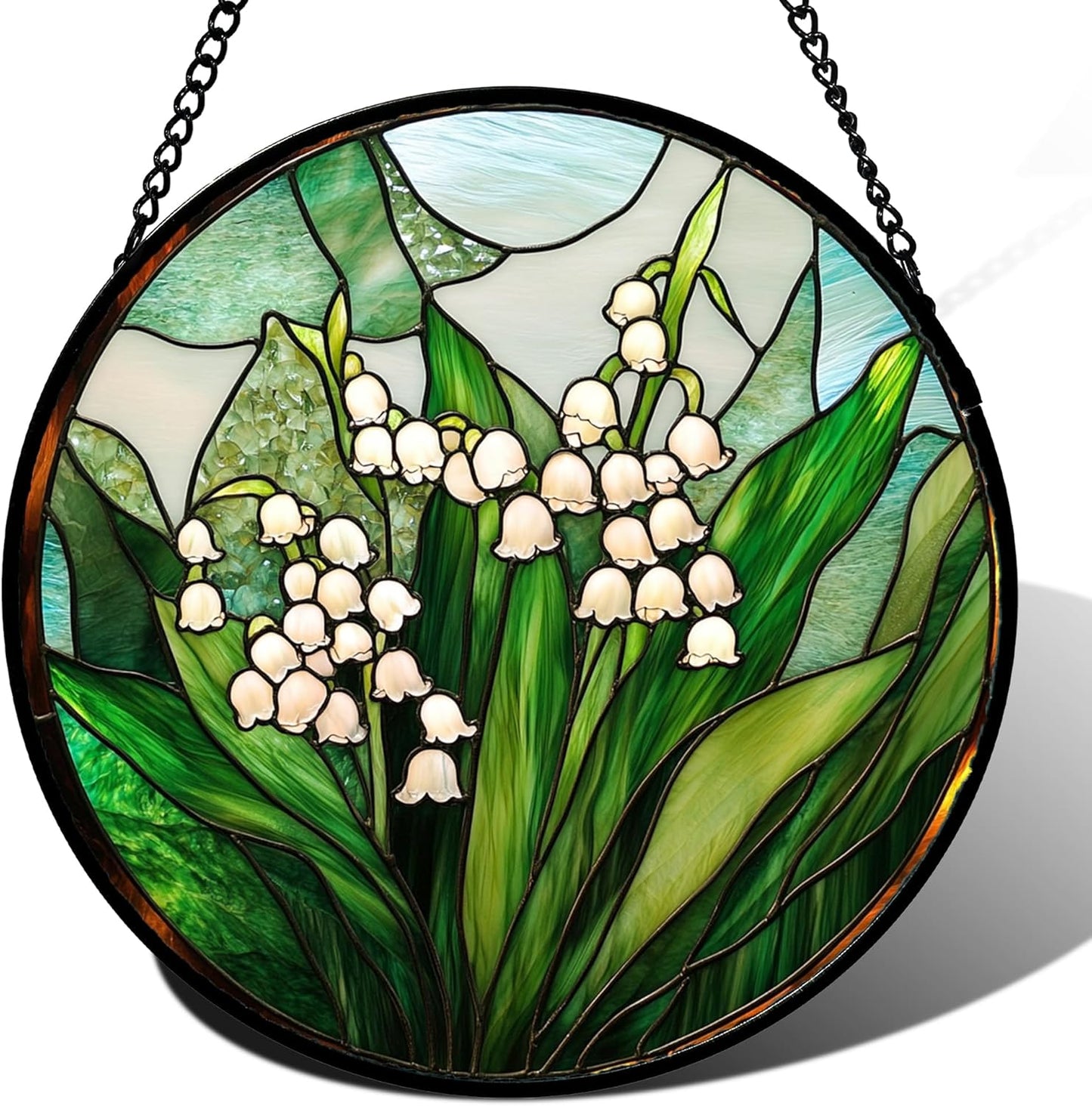 Stained Glass Window Hanging - White Green Lily of The Valley Suncatcher for Doors Garden Terrace Plant Sun Catchers Decor Mother's Day Birthday Flowers Gifts for Women Men Mom 15 in