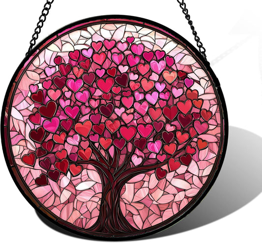 Stained Glass Window Hanging, Pink Love Tree of Life Sun Catchers Colorful Glass Panel Suncatcher Decor for Birthday for Women, Men, Wife, Lovers, and Mom 11.8x11.8 in