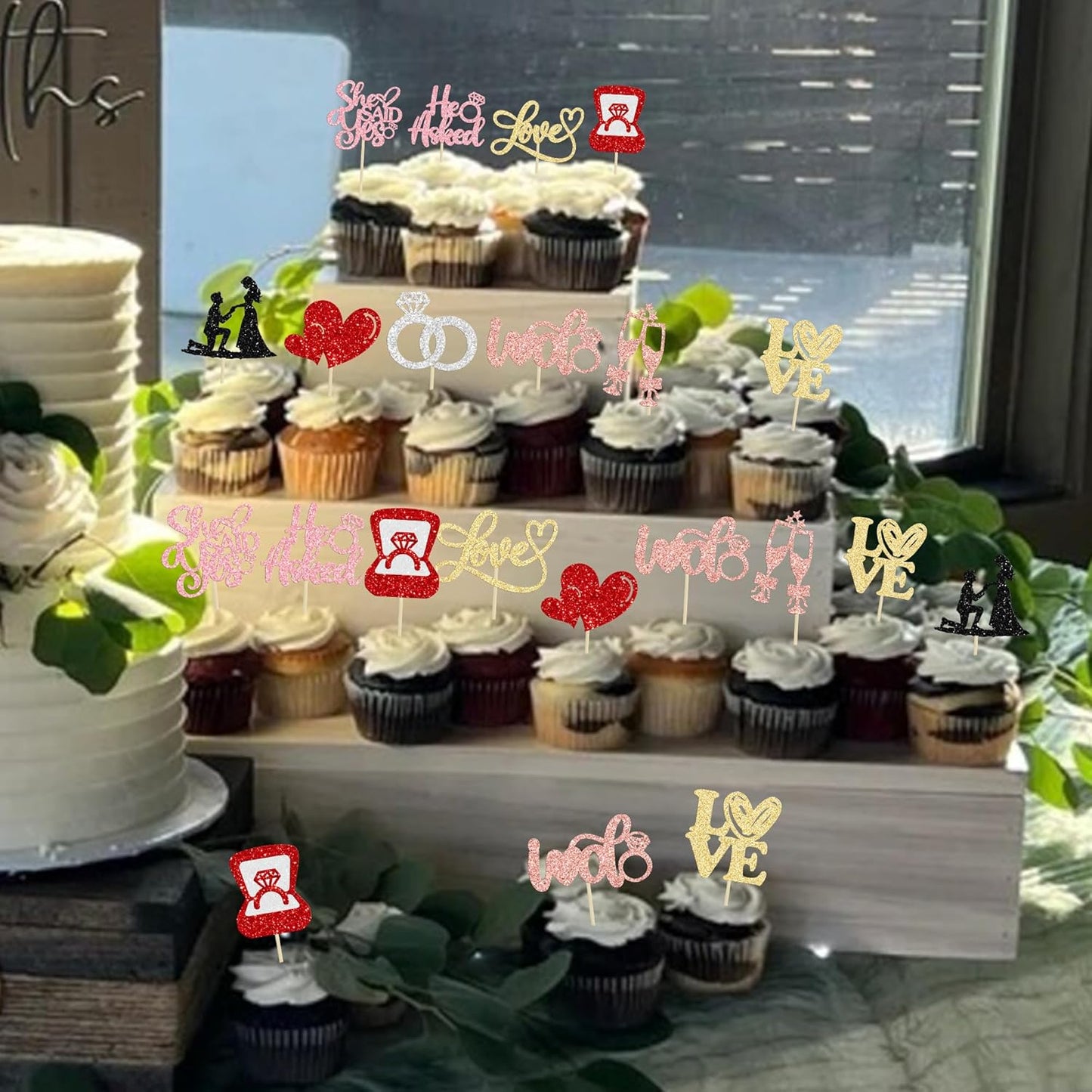 Ephlyn 30Pcs He Asked She Said Yes Cupcake Toppers Glitter Engagement Cupcake Toppers Diamond Ring Heart Love I Do Cupcake Picks for Engagement Wedding Party Cake Decorations Multicolor