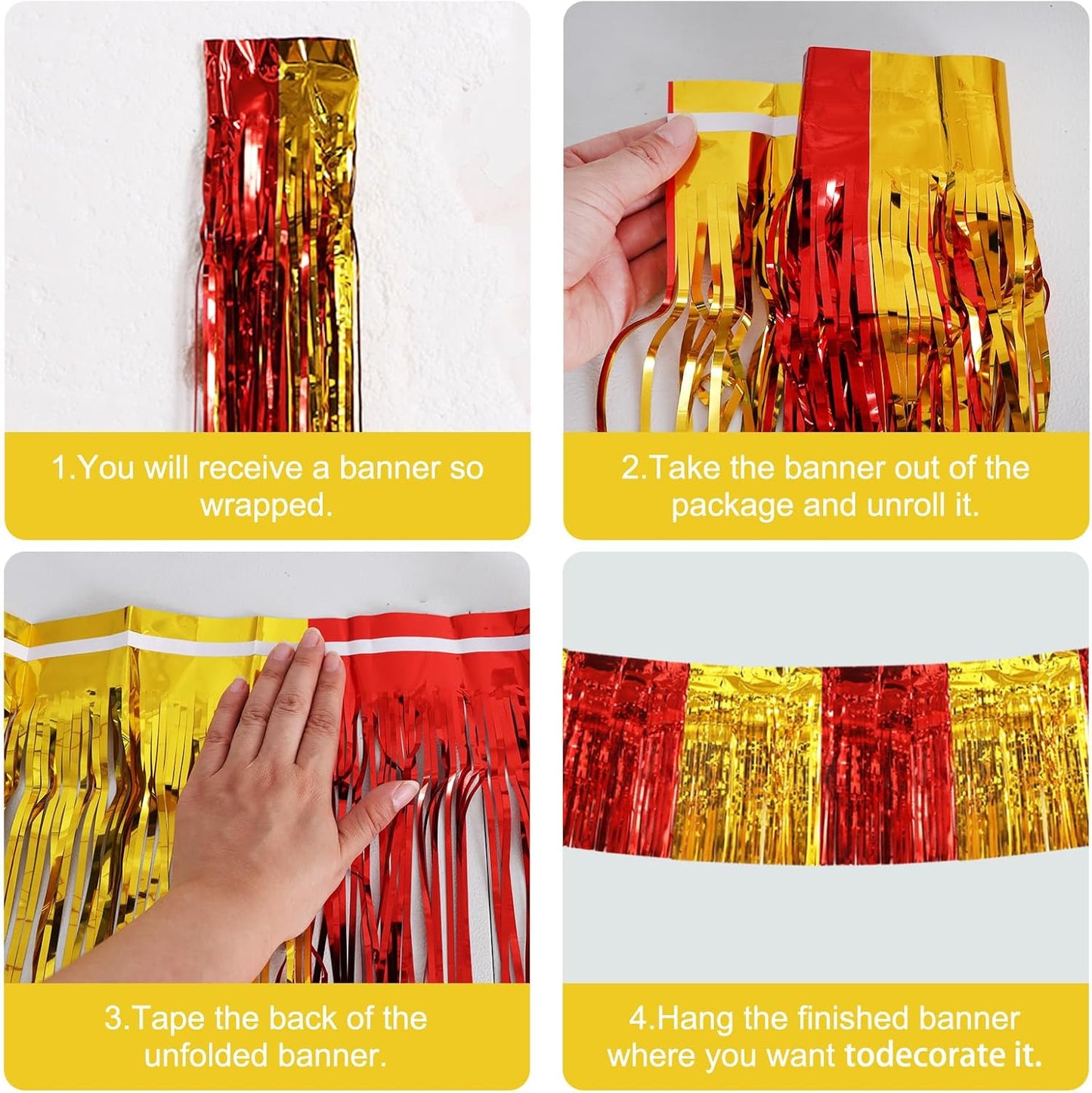 BEISHIDA 3 Packs Metallic Foil Fringe Garland Red Gold Wall Hanging Tinsel Fringe Banners for Car Floats Bridal Shower Wedding Birthday Easter Graduation Holiday Party Decoration(30 Feet)