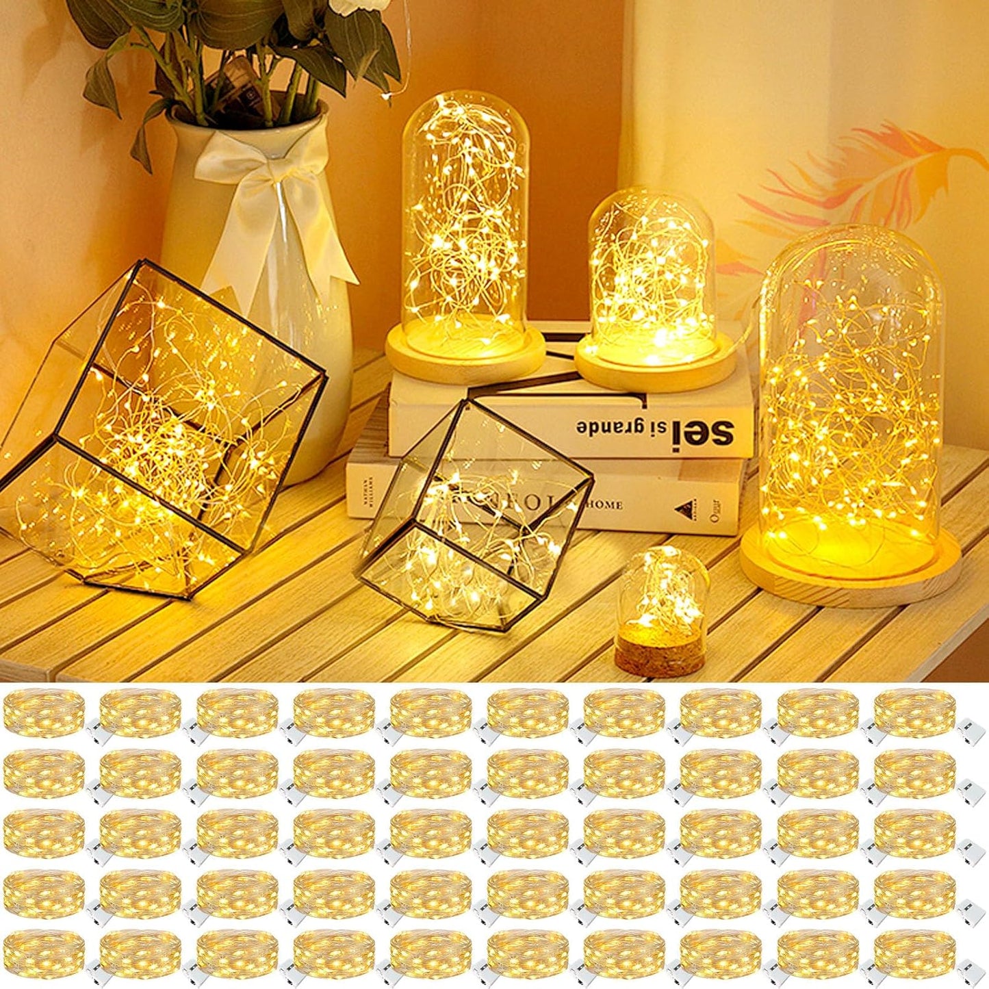 kolpop 50 Pack LED Fairy Lights Battery Operated, 7FT 20 LED Mini Twinkle String Lights Battery Powered Waterproof for Christmas Mason Jars Party (Warm White)