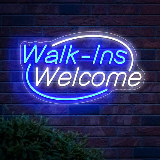 Walk-Ins Welcome Neon Sign, Neon Sign For Wall Decor, Blue + White Led Signs Usb Powered, Living Game Room Decor, For Bedroom Restaurant Bar Hotel Shop Party Birthday (16.5x9.4in)