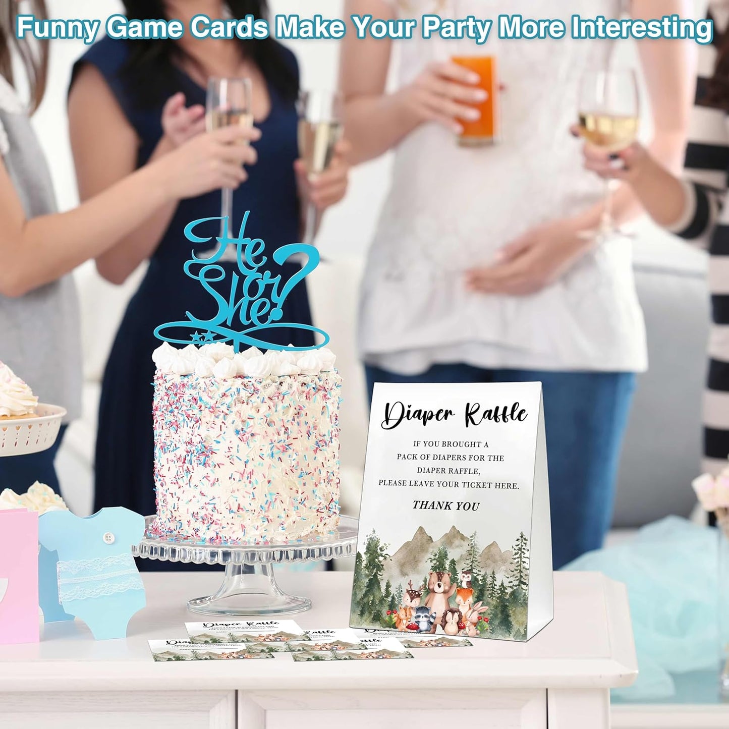 Woodland Baby Shower Game, Jungle Animal Safari 50 Diaper Raffle Tickets with 1 Standing Sign for Gender Neutral Shower - A04