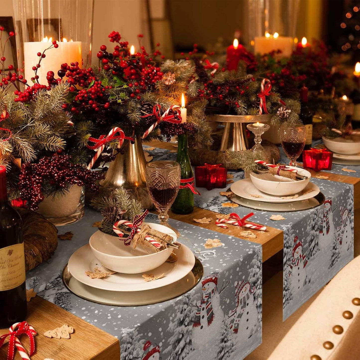 Christmas Snowman Cotton Linen Table Runner for Dining Kitchen, Snowflakes Xmas Pine Tree Wedding Outdoor Party Tablerunner Decoration Winter Bird Dresser Scarf Coffee Tablecloth Runners 13x72 Inches