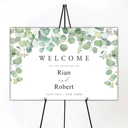 Generic Eucalyptus Wedding Welcome Sign, Minimalist, Greenery, Foliage, 12x18, 18x27, 24x36 Inch, Plastic, 4mm, Tabletop Mount