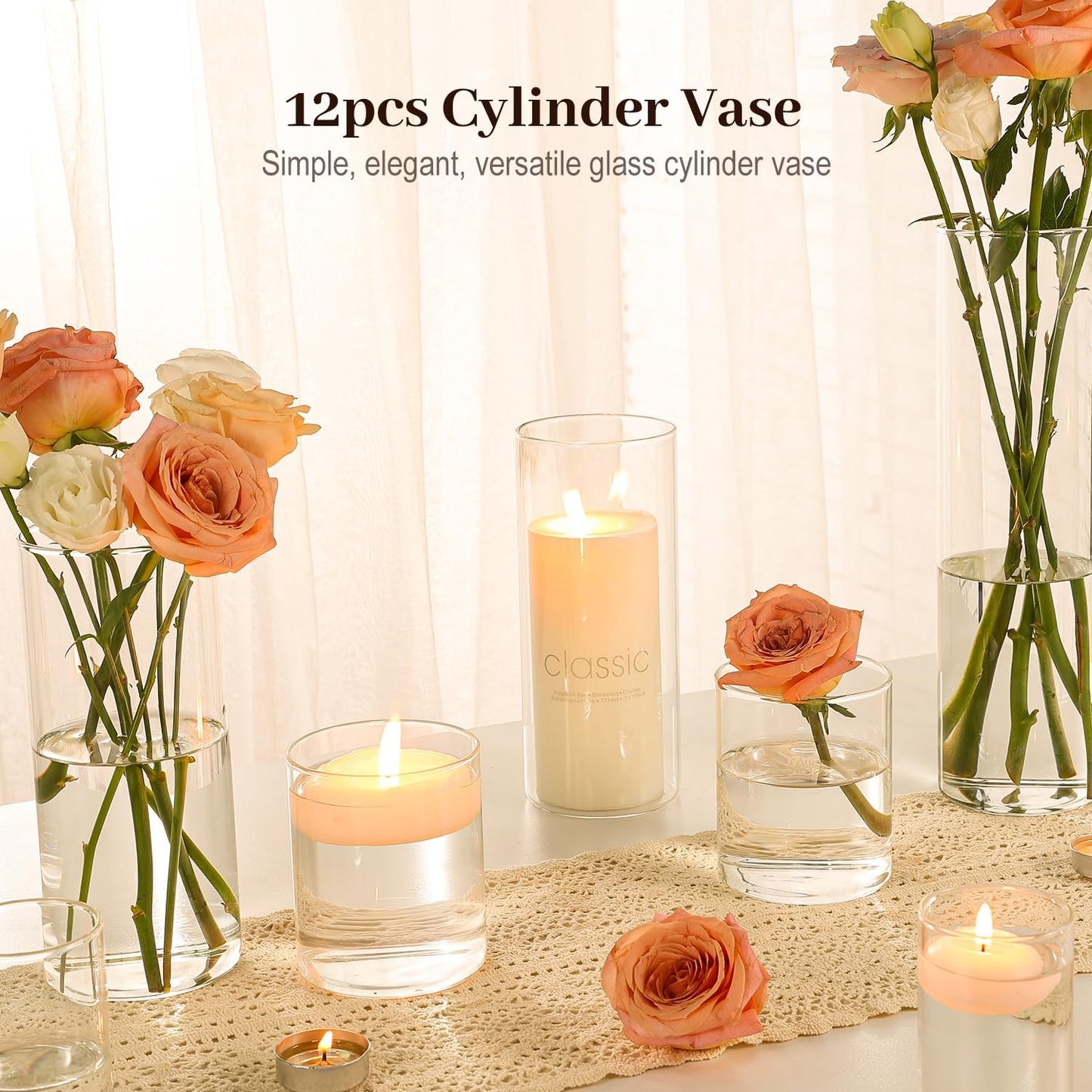 12 Pack Glass Cylinder Vases 4, 8, 12 Inch Tall Clear Vases for Centerpieces Wedding Decoration, Clear Glass Flower Vases Hurricane Floating Candle Holder for Party Table Home Decor