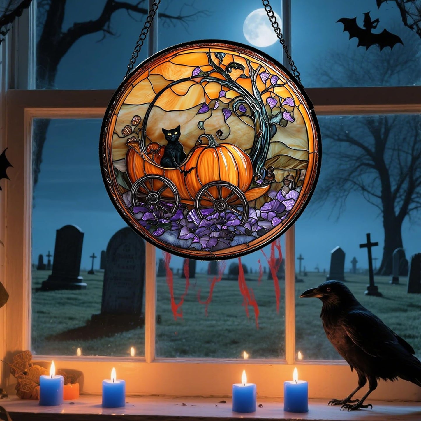 Stained Glass Window Hanging - Halloween Pumpkin Carriage Black Cat Suncatcher for Doors Window Garden Spooky Sun Catchers Gothic Decor Horror Gifts for Women Men Friend Boy Girl 7.8 in