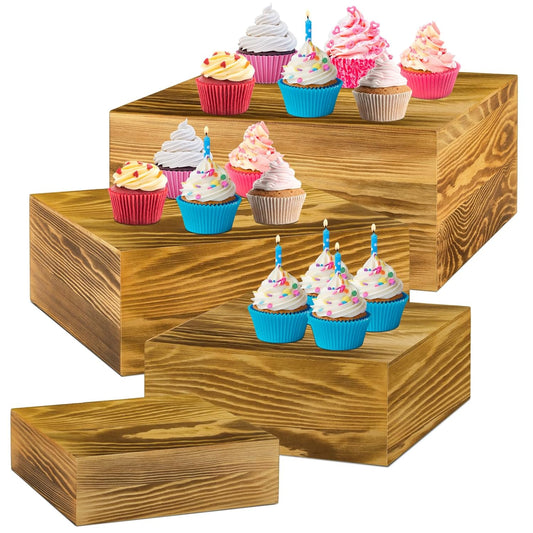 Roowest Set of 4 Wood Display Risers Rustic Cupcake Stand Rustic Wood Cake Stands Wooden Stackable Display Box for Dessert Wedding Birthday Christmas Village Party Decoration(Rustic Brown)