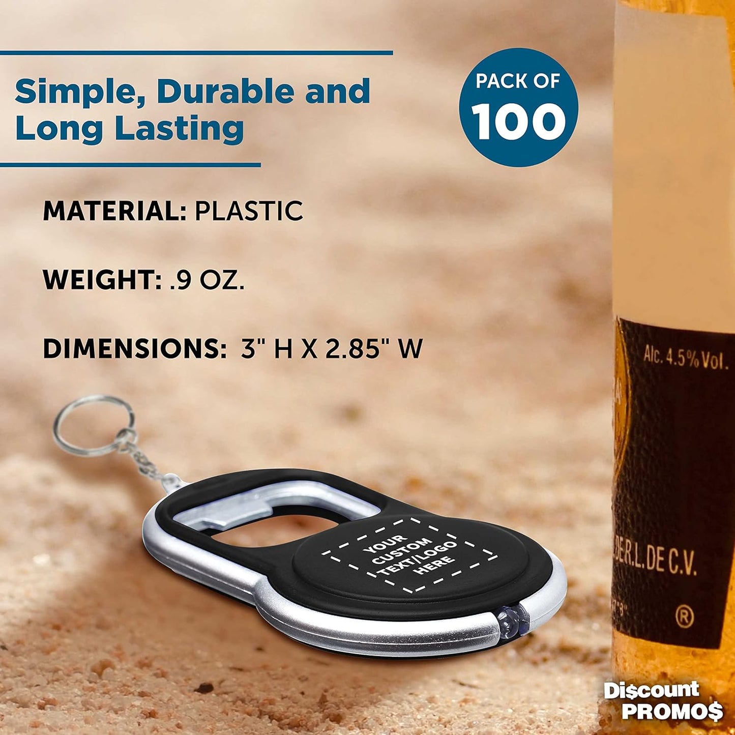 DISCOUNT PROMOS Custom Bottle Opener & LED Keychains Set of 100, Personalized Bulk Pack - Perfect for Tradeshows, Party Favors, Other Events - Black
