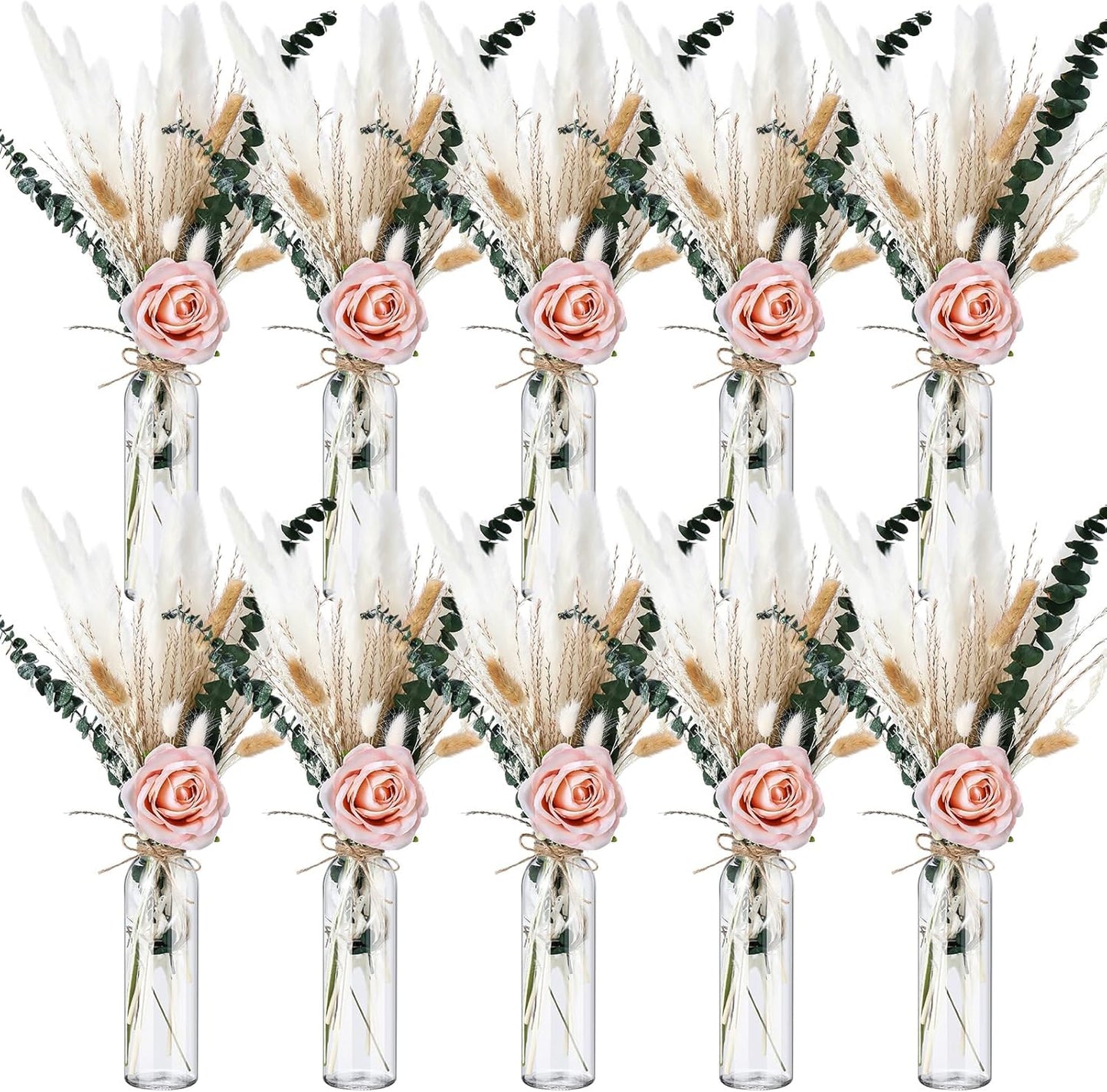 10 Set Dried Pampas Grass Centerpiece for Wedding 10 Clear Glass Jars 10 Artificial Roses 80 Dried Pampas Grass with Rope for Baby Shower Rustic Bridal Party Farmhouse Decoration(Pink)