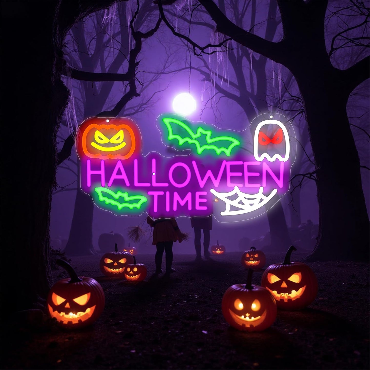 Halloween Time Neon Sign Ghost Decor Sign Spooky Neon Sign, Halloween Hanging Neon Light for Bat Pumpkin Neon Light for Bar Man Cave Horror Party Game Room Man Cave Horror Party Game Room