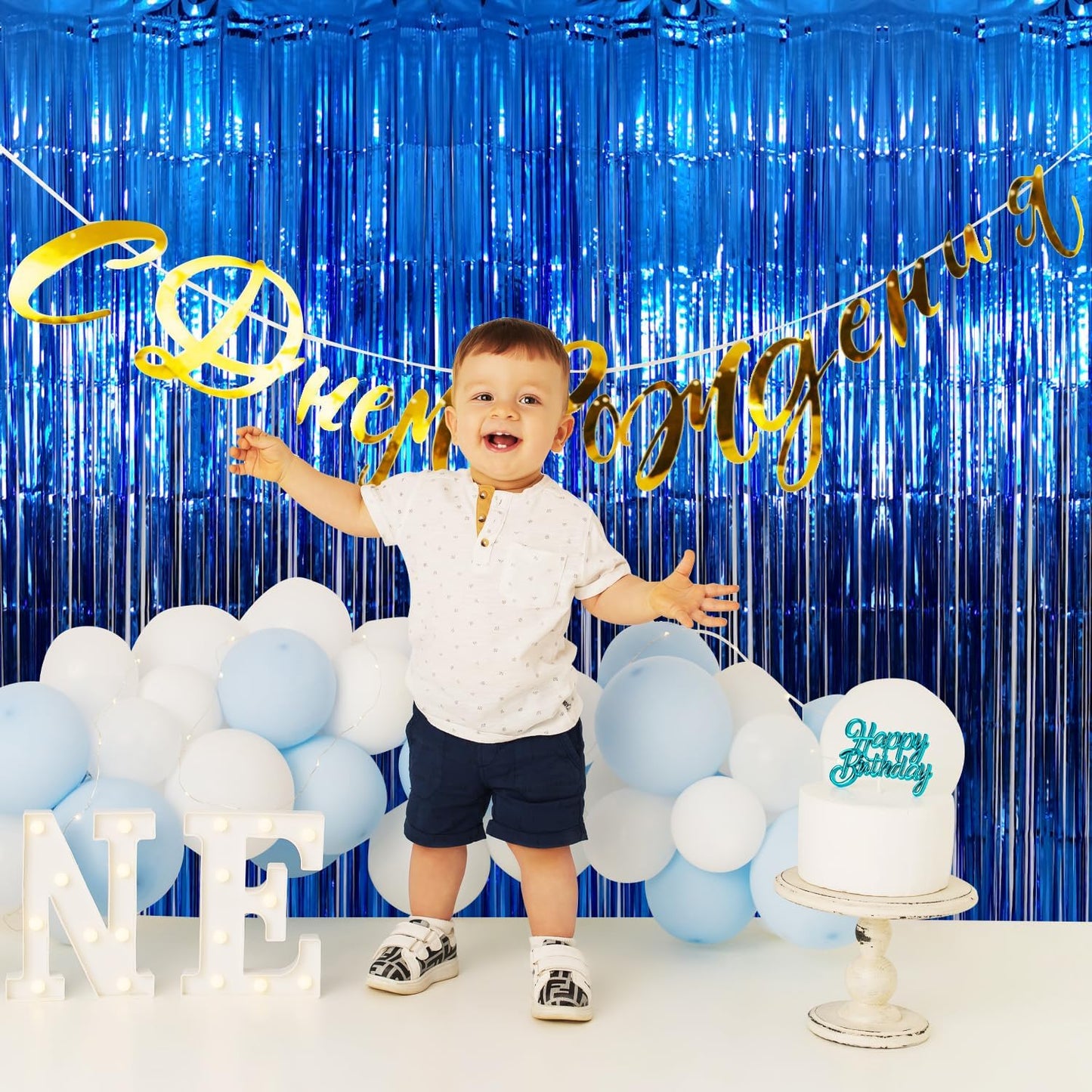 GOER 6.4 ft x 9.8 ft Metallic Tinsel Foil Fringe Curtains,Pack of 2 Party Streamer Backdrop for Birthday,Graduation Decorations and New Year Eve (Navy Blue)