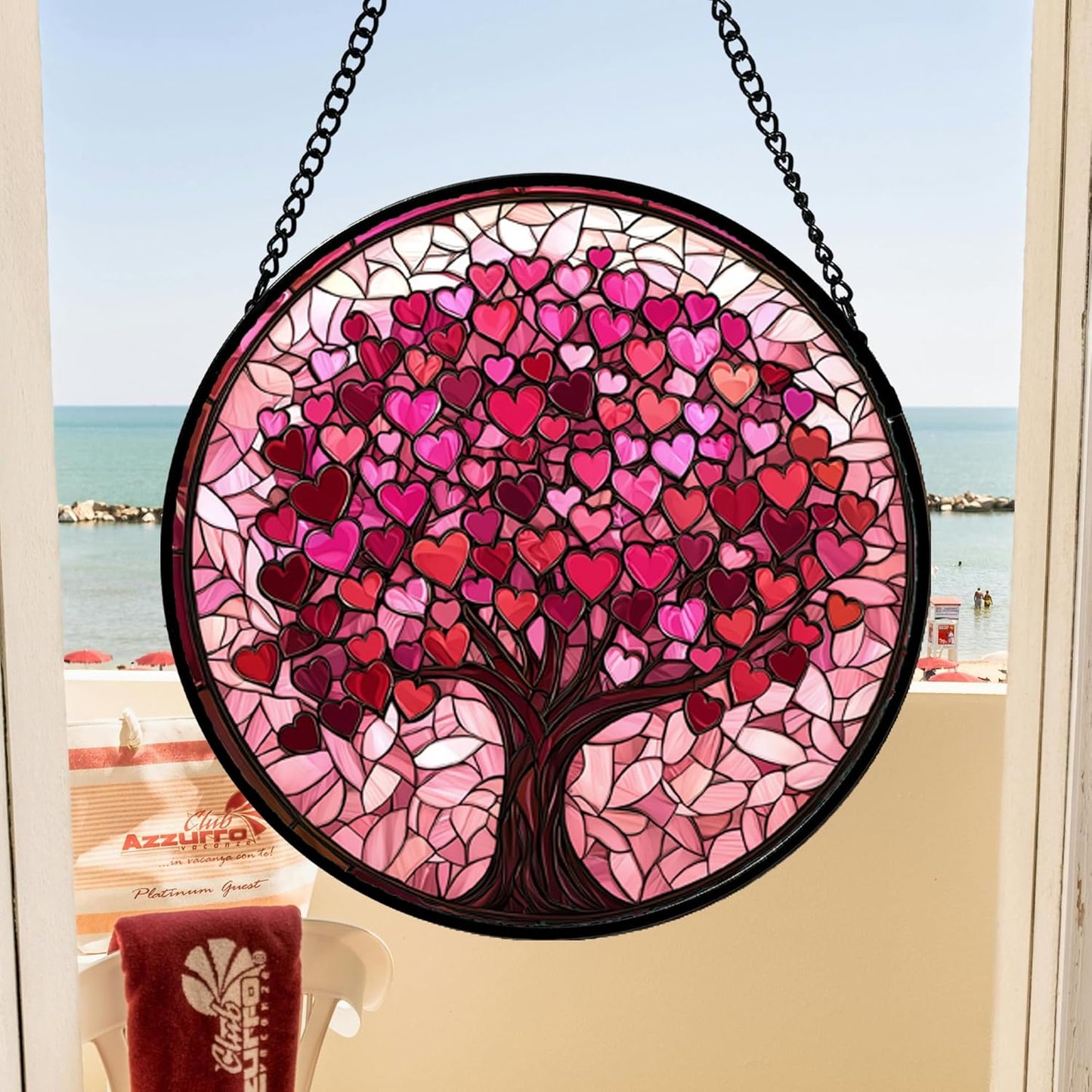 Stained Glass Window Hanging, Pink Love Tree of Life Sun Catchers Colorful Glass Panel Suncatcher Decor for Birthday for Women, Men, Wife, Lovers, and Mom 14.9x14.9 in