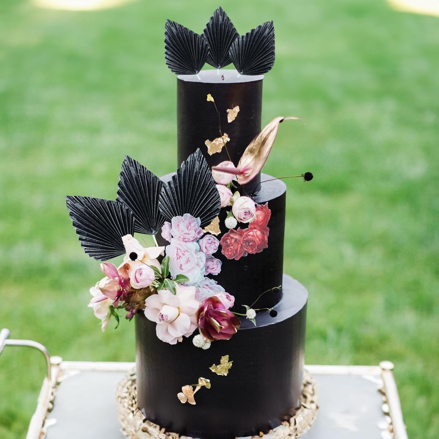 Ephlyn 6Pcs Paper Palm Leaves Fan Cake Toppers Palm Leaf Fan Cake Picks Craft DIY Fan Cupcake Toppers Palm Spear Leaves Cake Decorations for Baby Shower Wedding Birthday Party Supplies Bright Black