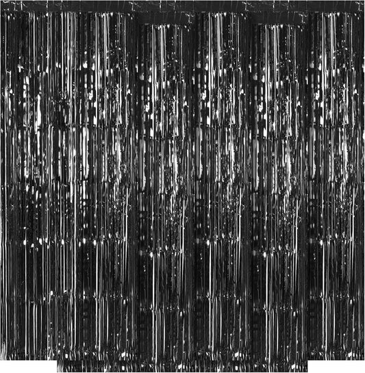 5 Pack Black Fringe Backdrop 3.2ft x 8.2ft Foil Curtain Tinsel Streamers for Birthday Party Decoration Wedding Christmas (Black)
