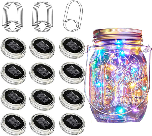 Solar Mason Jar Lights, 12 Pack 30 LED Waterproof Lid Light with Hangers (No Jar), Fairy Firefly Outdoor String Lights for Regular Mason Jar, Patio, Yard, Garden, Wedding Decoration (4 Colors)