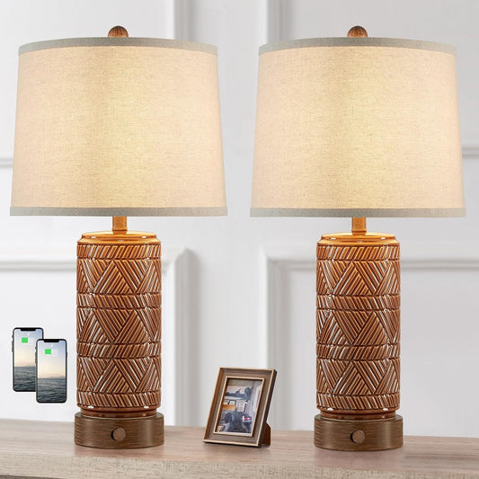 RORIA Set of 2 Vintage Touch Table Lamps for Living Room, 3 Way Dimmable Nightstand Lamp with 2 USB Port, Farmhouse Rustic Boho Ceramic Desk Lamps for Bedroom End Table, Bulbs Included