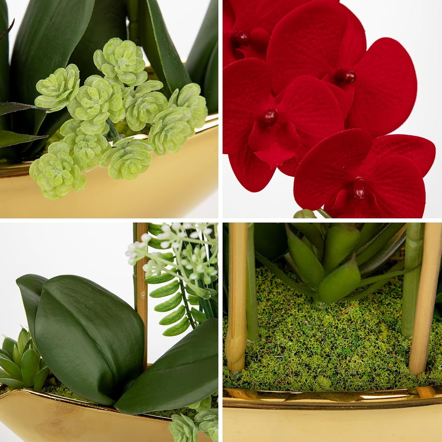 Briful Orchid Artificial Flowers 18in Red Fake Orchid Silk Flowers with Gold Ceramic Vase Faux Phalaenopsis Arrangement for Home Office Room Dining Table Centerpiece Modern Decor