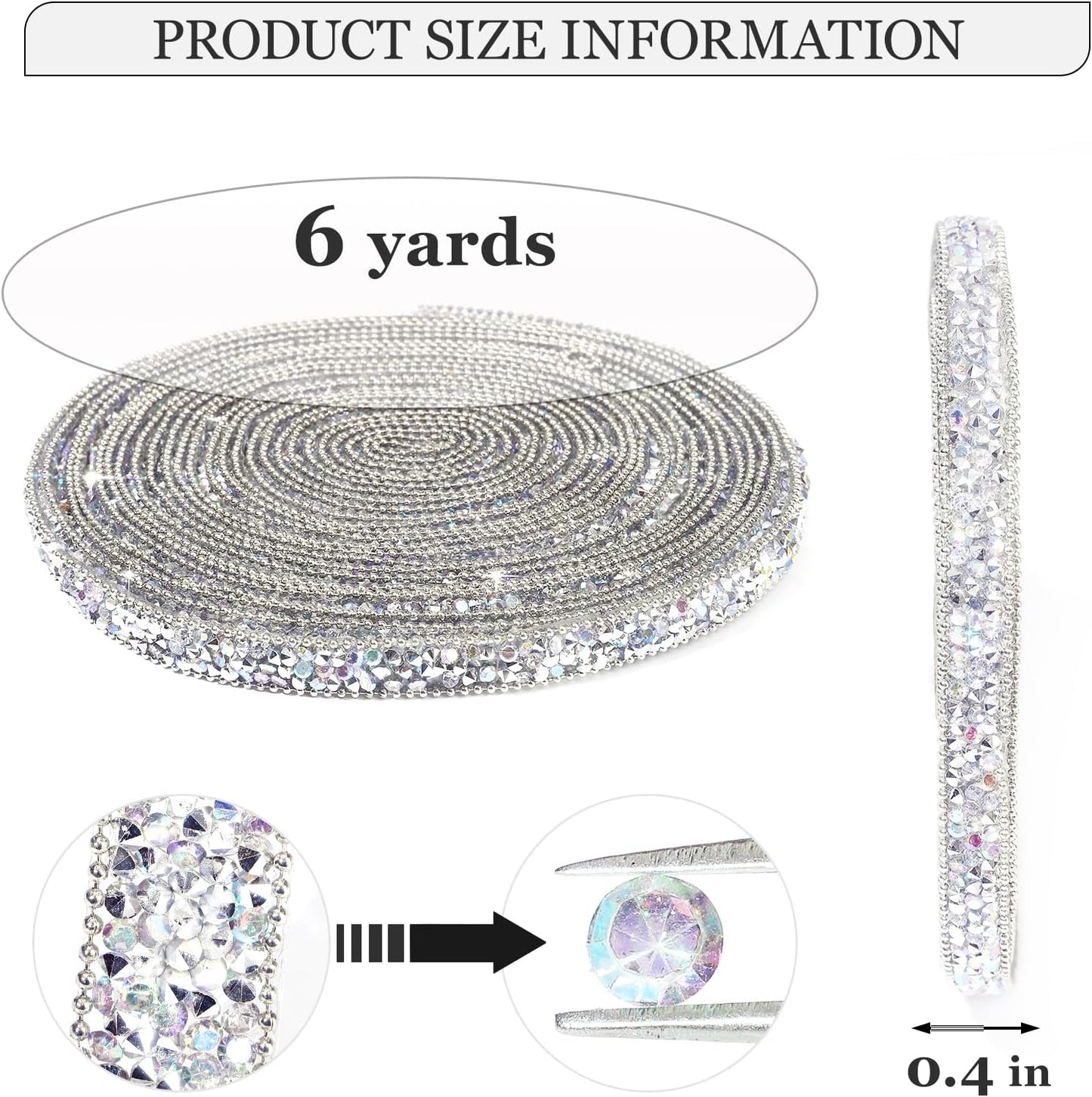Rhinestone Ribbon 6 Yards Self Adhesive Rhinestone Strips Diamond Ribbon Sticker Crystal Roll Glitter Bling Rhinestones Tape for Crafting DIY Art Decoration (Silver AB,0.4 Inch)