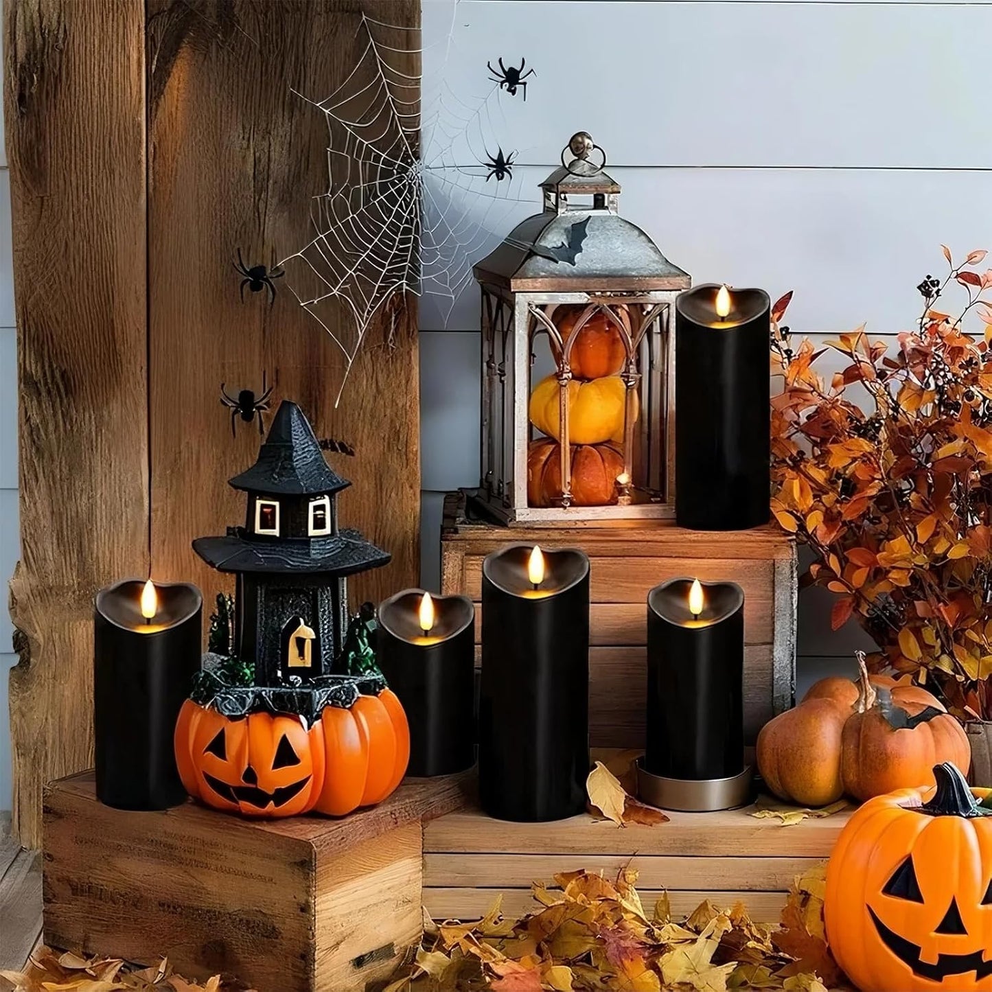 Amagic Black Halloween Flameless Candles with Remote, Waterproof Outdoor Candles Battery Operated with Timer, Plastic Flickering LED Pillar Candle for Holiday, Theme Party, Pumpkin Decor, Set of 5